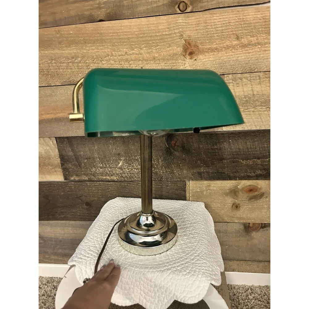 Vintage Brass Bankers Desk Library Students Lamp Emerald Green Glass Shade